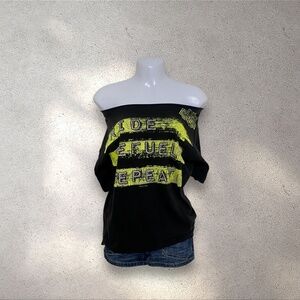 Harley Davidson Black & Neon Green Off The Shoulder Top